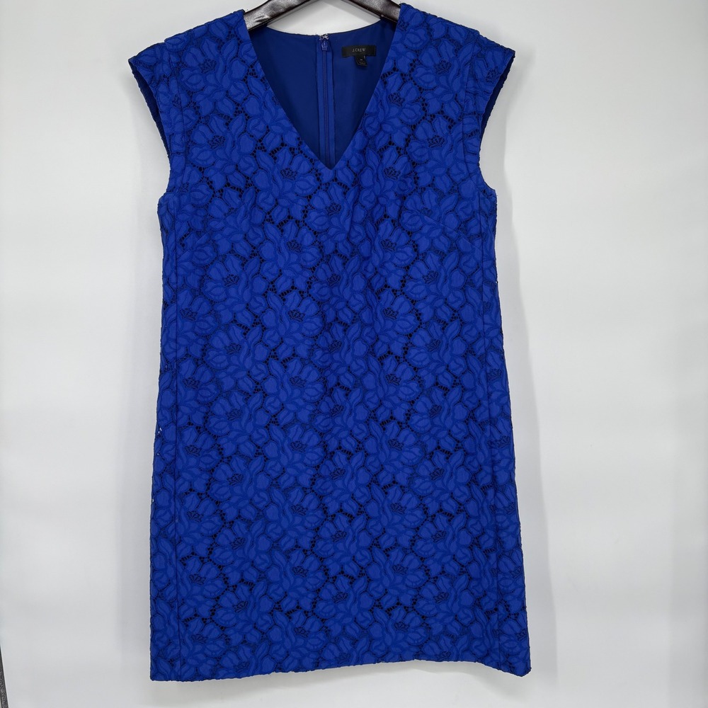 J.Crew Womens Royal Blue Floral Lace  Cap Sleeve Shift‎ Dress Size 14 Cocktail